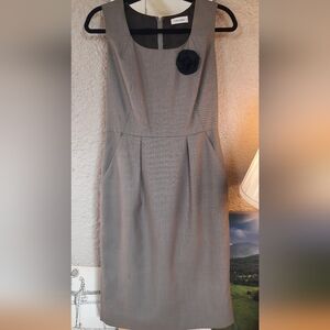 Calvin Klein Gray Sleeveless Sheath Dress with Black Rosette & Matching Jacket